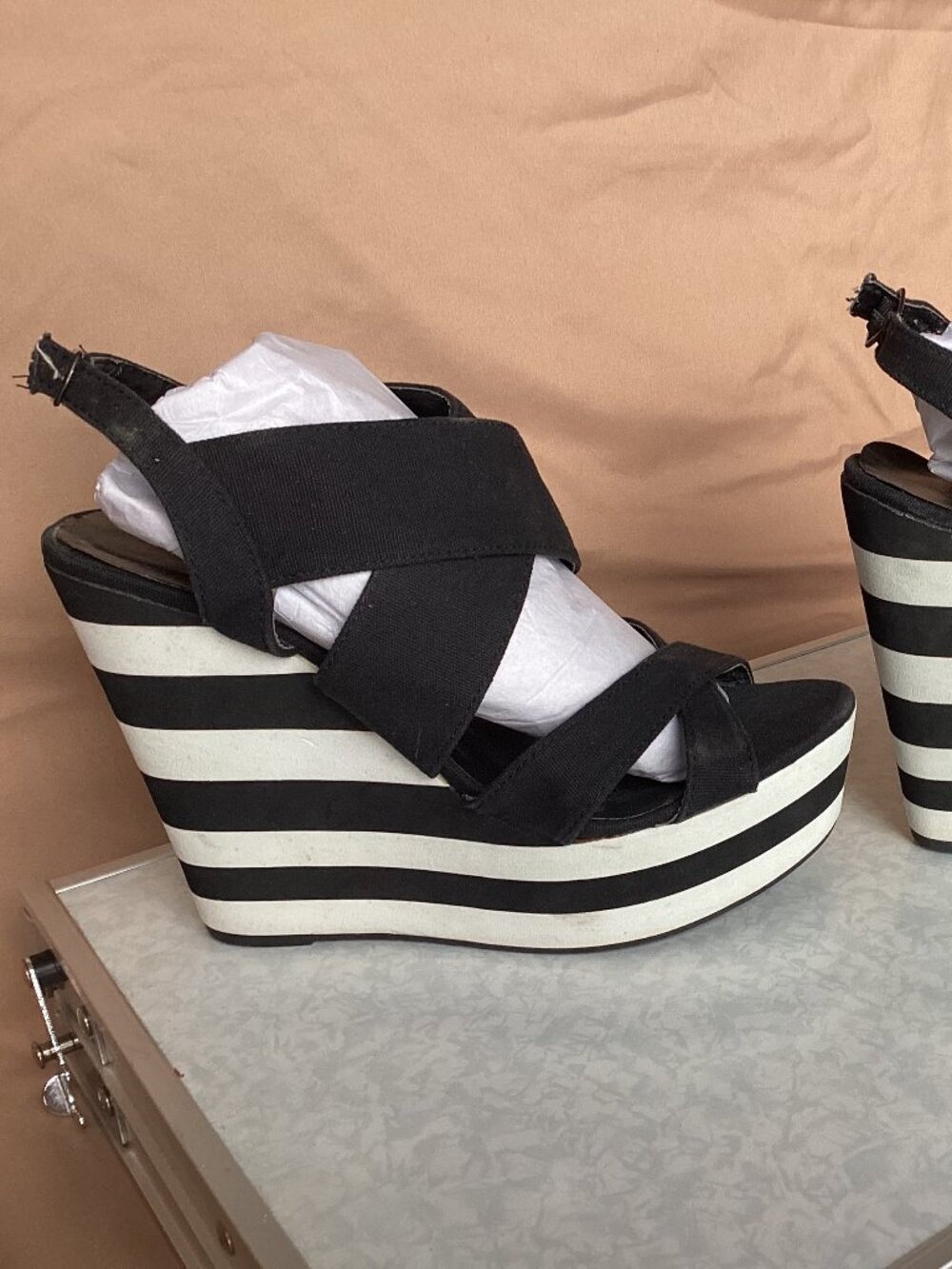 Call It Spring Black and White Striped Platform Wedge Sandals.